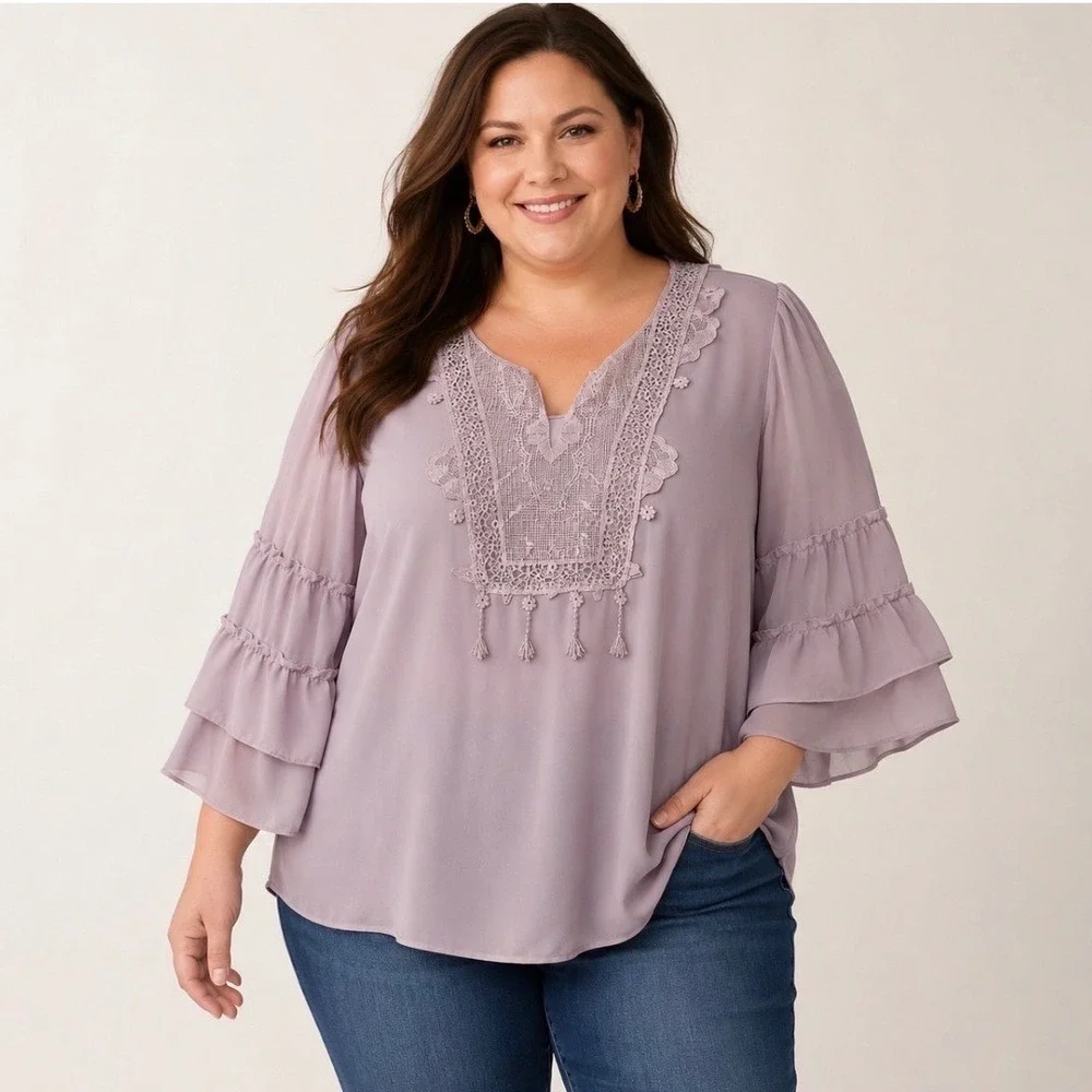 Bedford Fair Mauve Crochet Lace Ruffle Sleeve Blouse Camisole 1X Boho Rose 2 pc